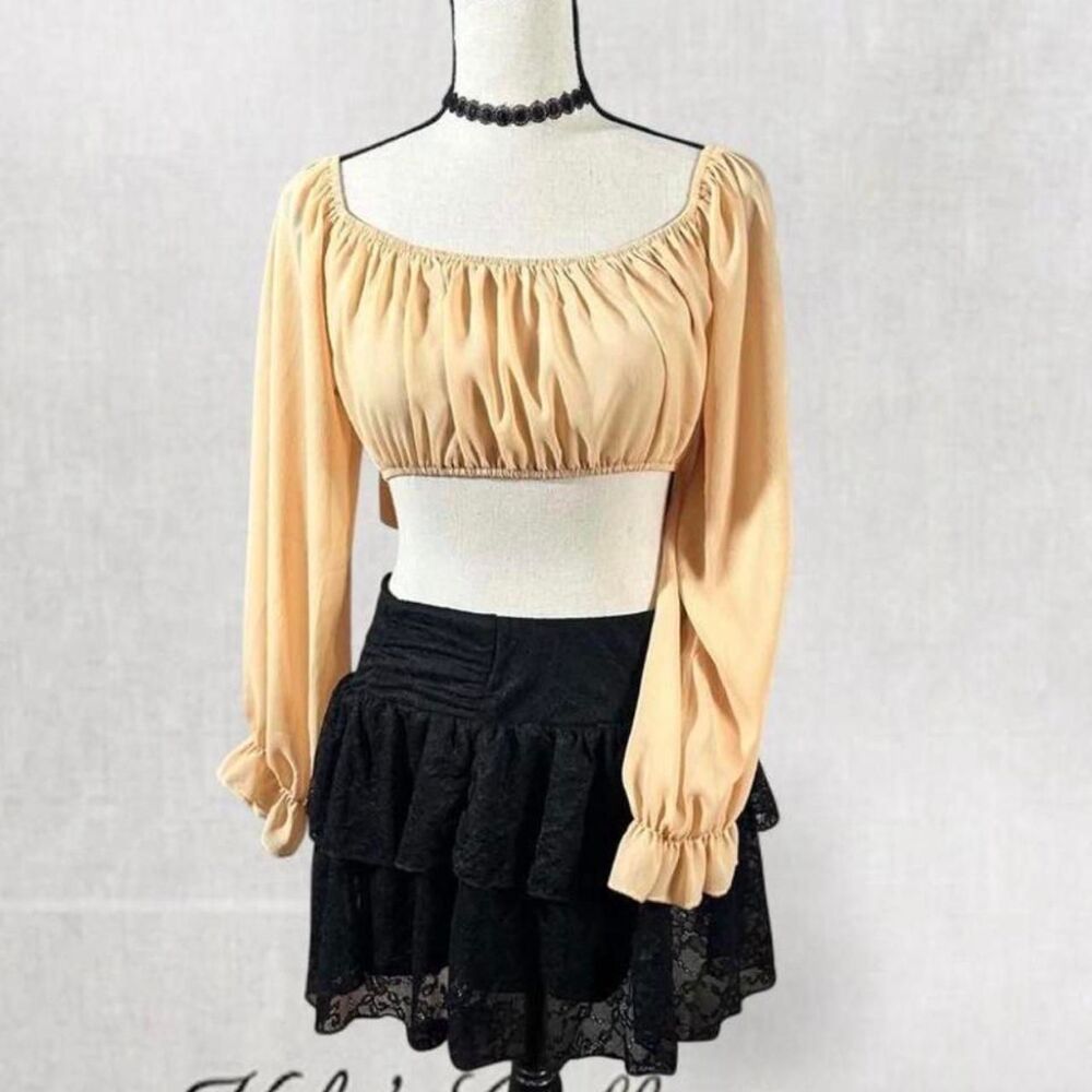 Cottagecore Prairie Feminine Cream Long Puff Sleeve Crop Top